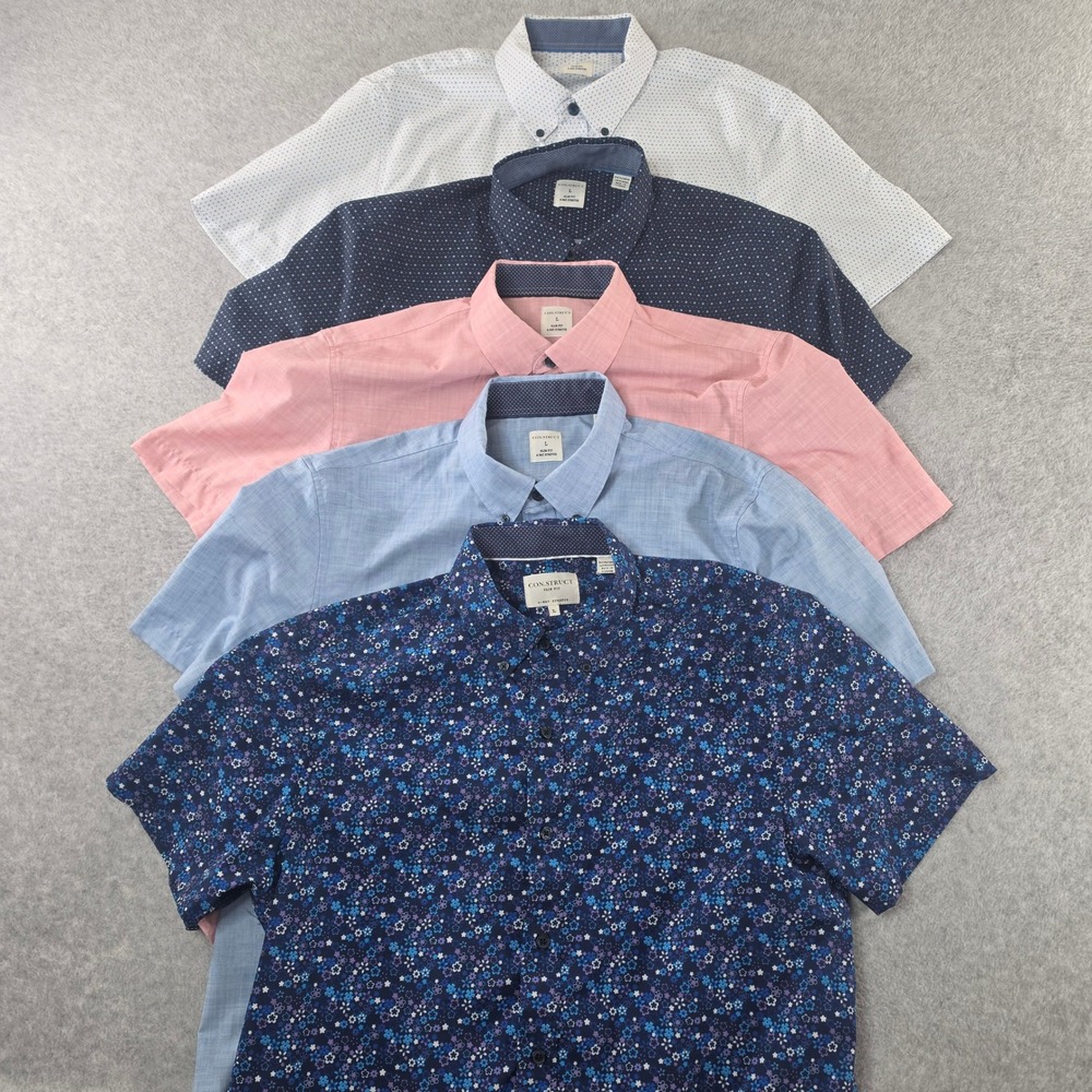 Lot of 5 Con.Struct Mens Slim Fit 4-Way Stretch Short Sleeve Button Down Shirts